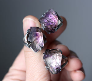 "Violet Smoke" Amethyst with Smokey Quartz + Hematite Rings