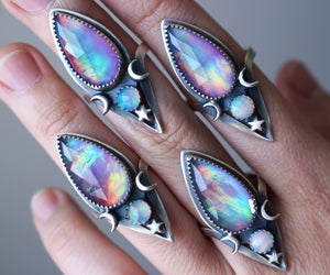 "Midnight Rainbow" Aurora Opal + Ethiopian Opal Rings