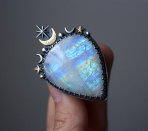 "Moon Guide" Rainbow Moonstone Statement Ring - Size 7.5